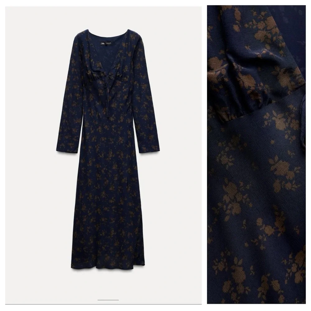 NWT. Zara Blue 100% Viscose Floral Print Midi Dress. Size M. - Picture 3 of 9